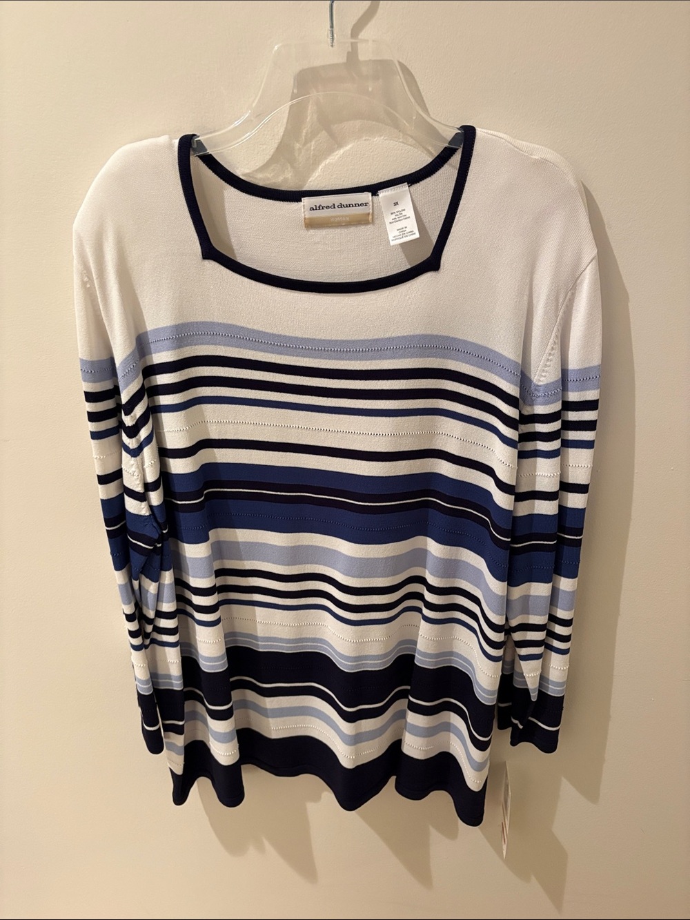 Alfred Dunner Navy, Light Blue and White Striped Long Sleeve Top